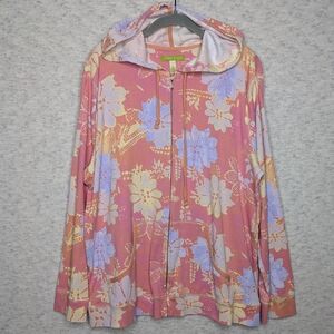 Sigrid Olsen Multicolor Floral Full Zip  Cotton Hoodie Sz XL Yellow Lilac Coral